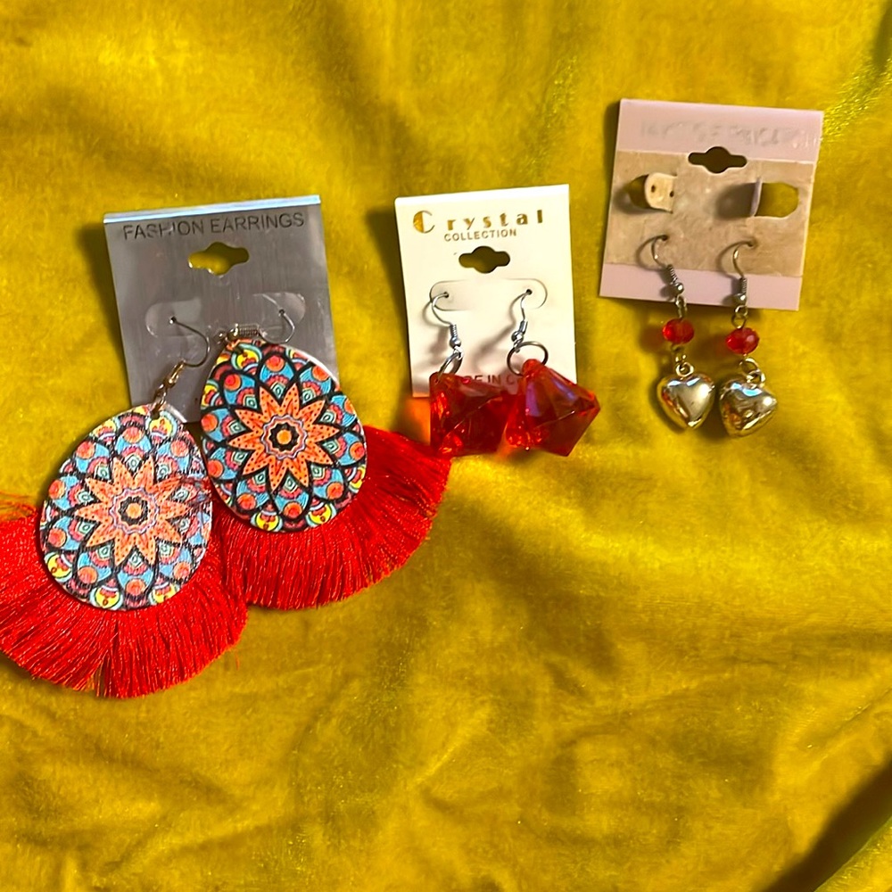 3 pair of earrings for pierced ears in red!